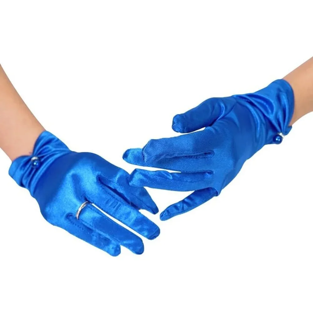 Women's Evening Blue-Satin Tulle Short Lace Gloves Wrist Wedding Bridal Party